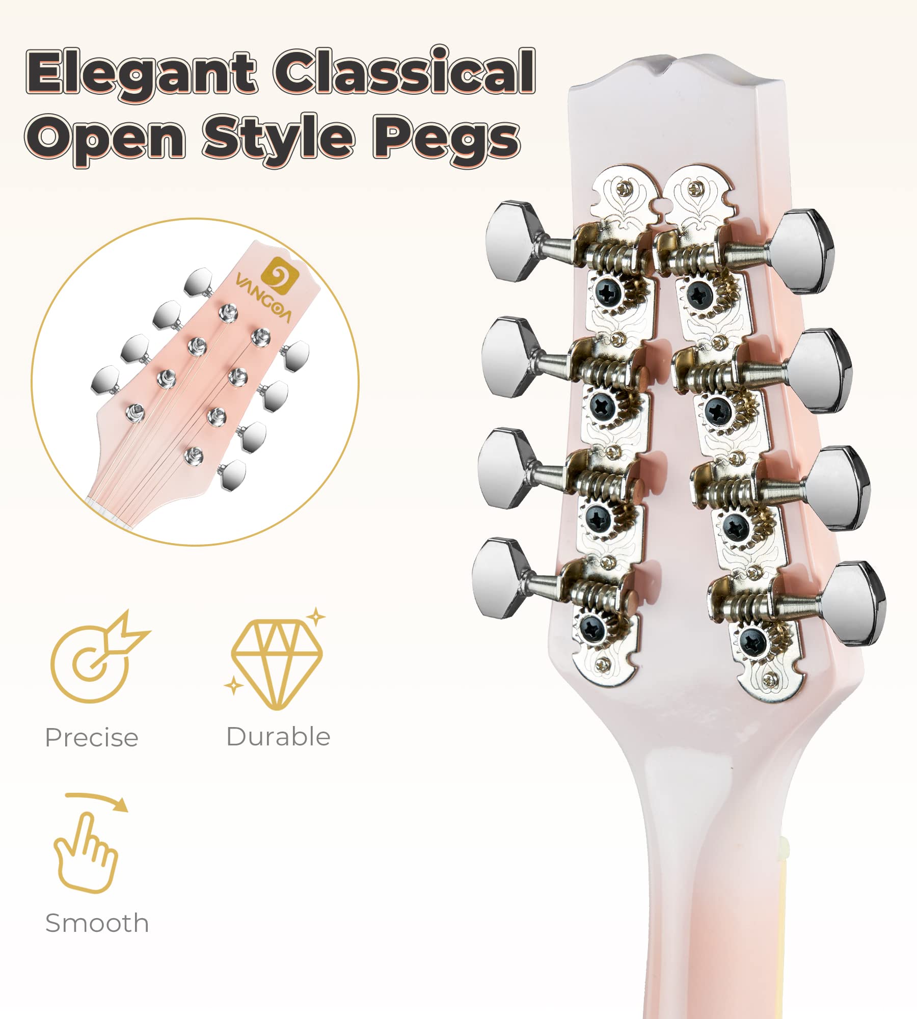 Vangoa A Style Mandolin Musical Instrument Sunburst, 8 String Acoustic Mandolin With Tuner, Strings, Bag, Picks